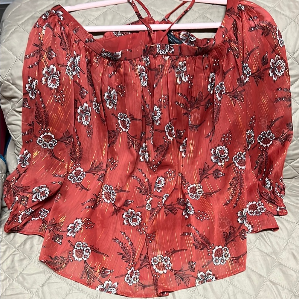 Ann Taylor Red Smocked Blouse with 3/4 Sleeves and Tie Front